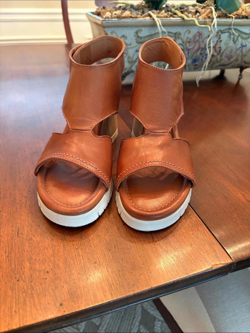 Miz Mooz Cognac Leather Slingback Wedge Sandals